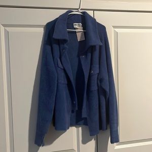 Blue fuzzy sweater jacket with gold accent hardware. NWT. Never worn